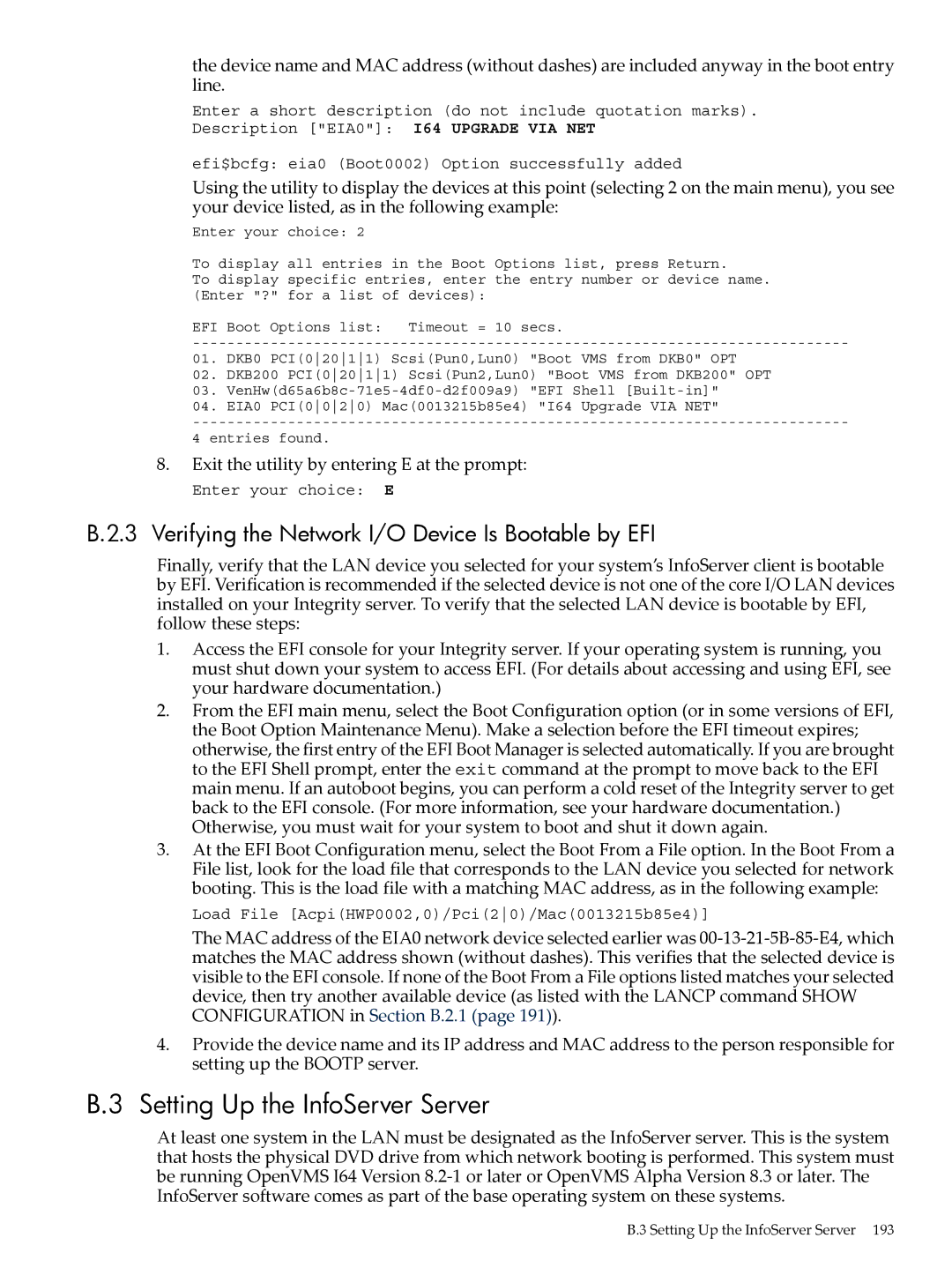 HP OpenVMS 8.x manual Setting Up the InfoServer Server, Verifying the Network I/O Device Is Bootable by EFI 