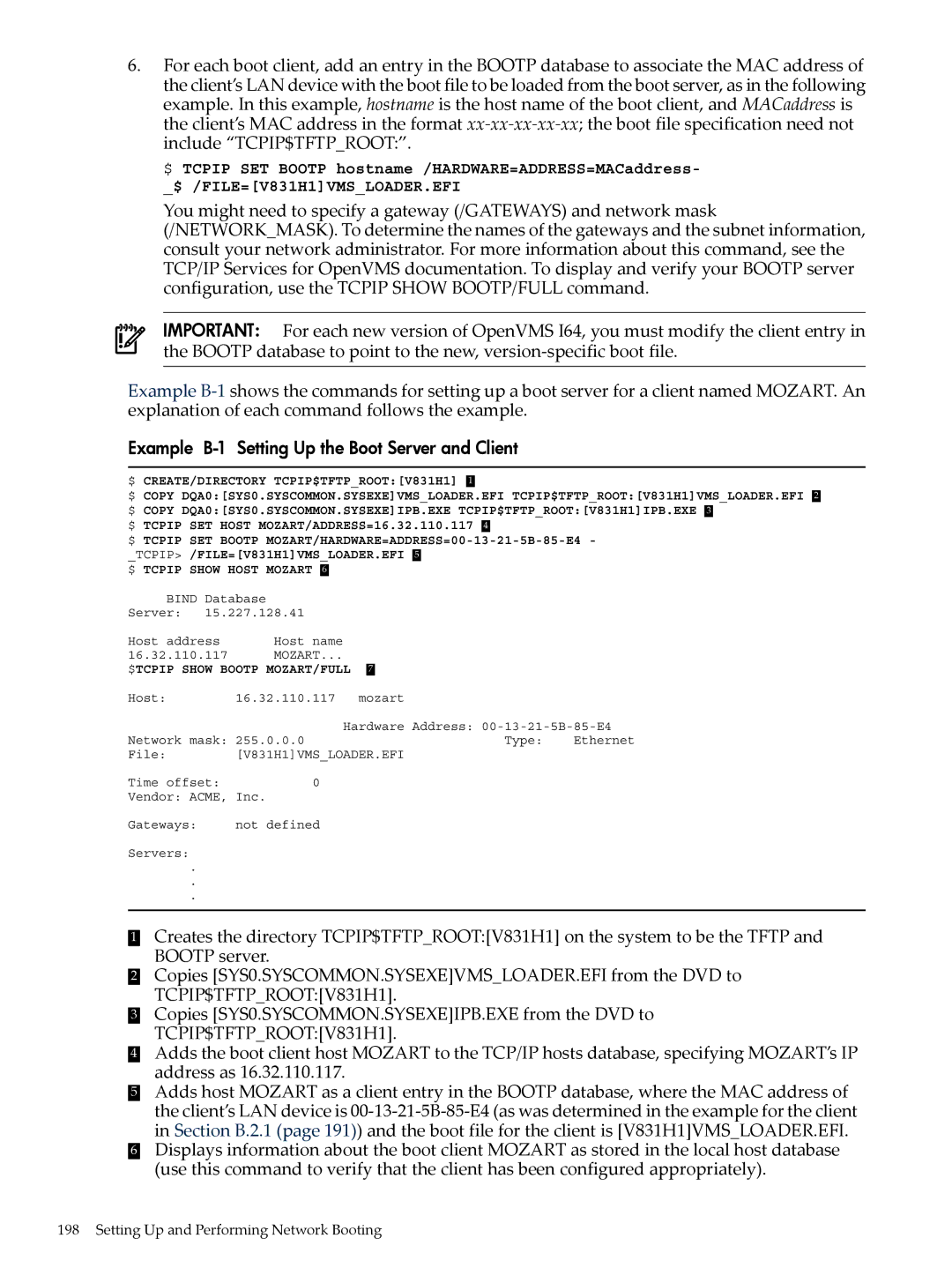 HP OpenVMS 8.x manual Example B-1 Setting Up the Boot Server and Client, $ CREATE/DIRECTORY TCPIP$TFTPROOTV831H1 