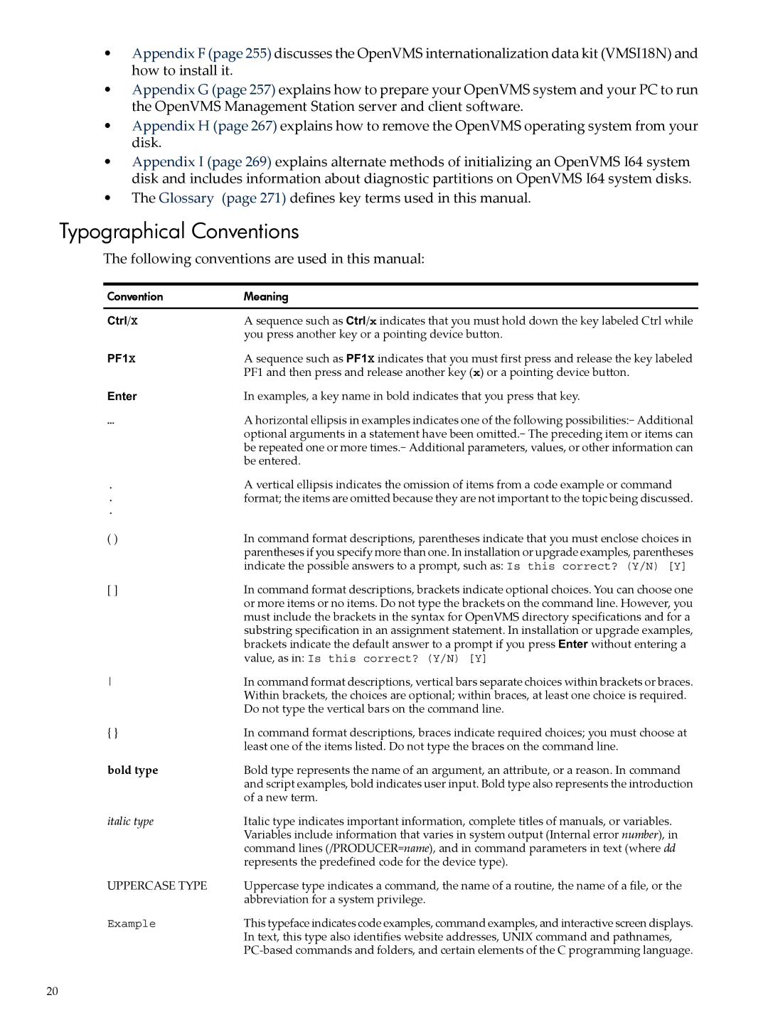 HP OpenVMS 8.x Typographical Conventions, Glossary page 271 defines key terms used in this manual 