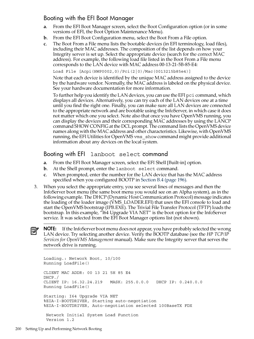 HP OpenVMS 8.x manual Booting with the EFI Boot Manager, Booting with EFI lanboot select command 