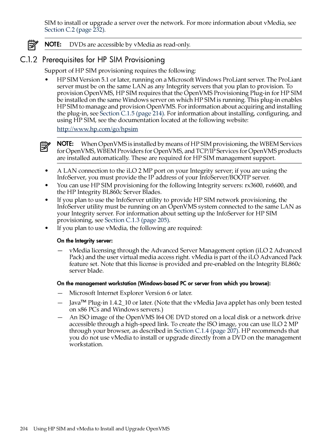 HP OpenVMS 8.x manual Prerequisites for HP SIM Provisioning, Support of HP SIM provisioning requires the following 