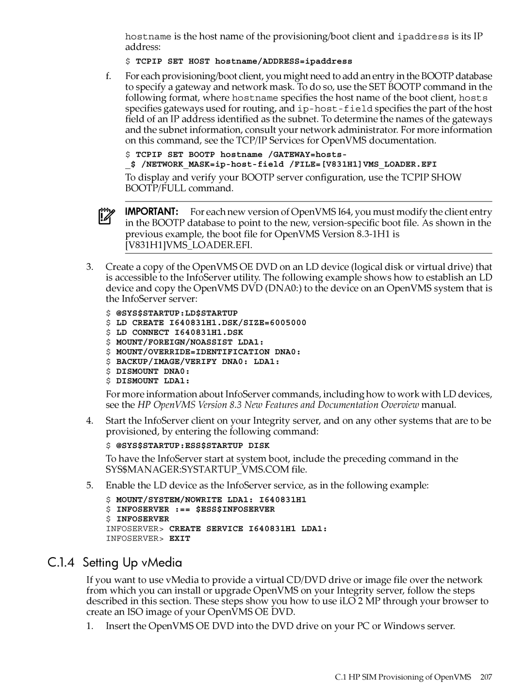 HP OpenVMS 8.x manual Setting Up vMedia 