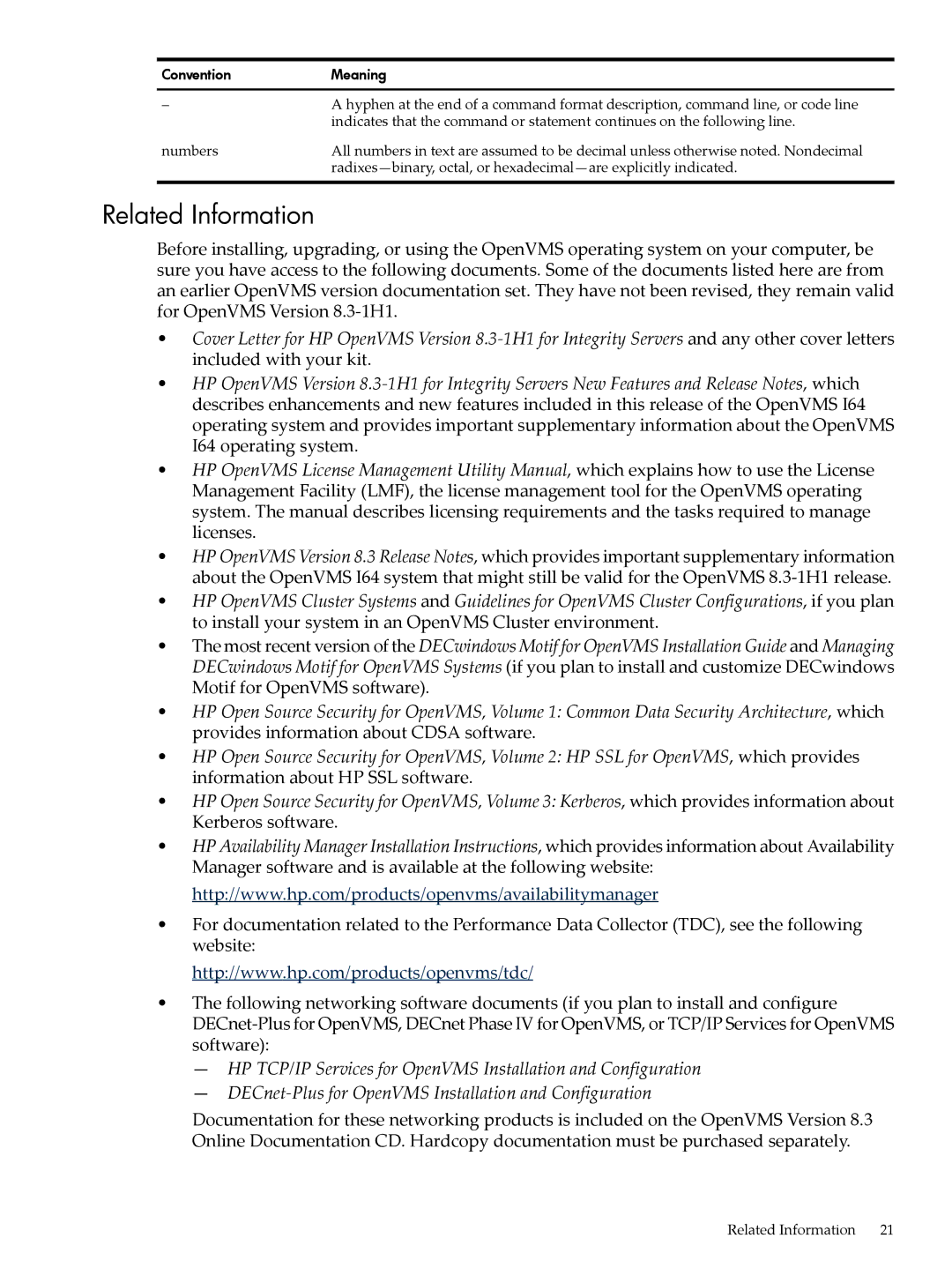 HP OpenVMS 8.x manual Related Information 