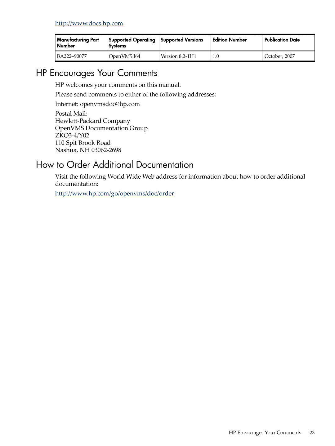 HP OpenVMS 8.x manual HP Encourages Your Comments, How to Order Additional Documentation 