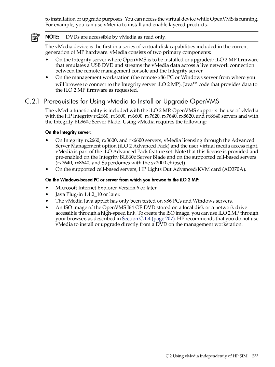 HP OpenVMS 8.x manual Prerequisites for Using vMedia to Install or Upgrade OpenVMS 