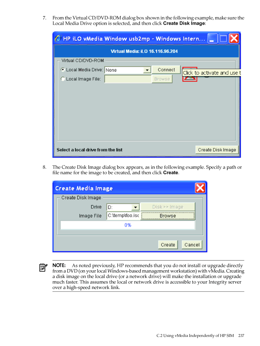 HP OpenVMS 8.x manual Using vMedia Independently of HP SIM 