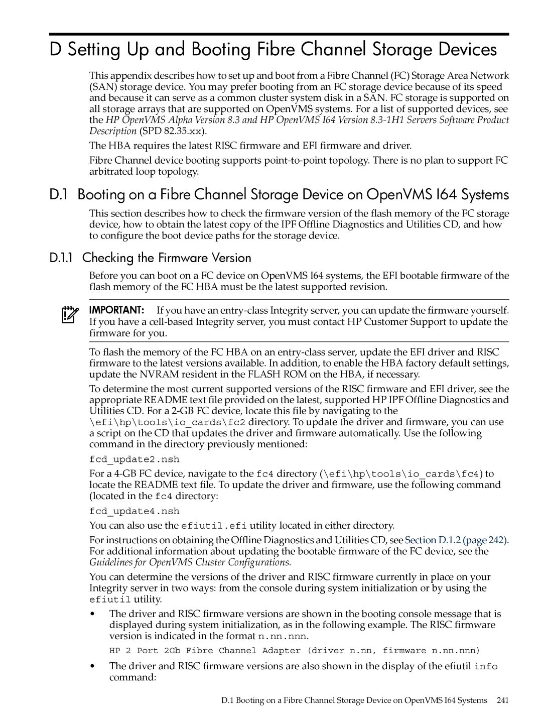 HP OpenVMS 8.x manual Setting Up and Booting Fibre Channel Storage Devices, Checking the Firmware Version 