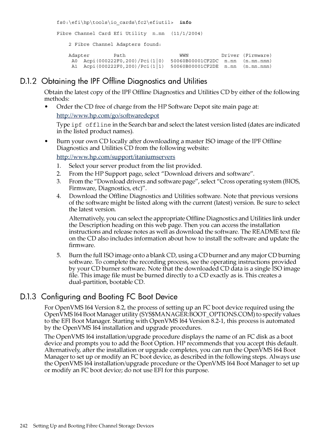 HP OpenVMS 8.x manual Obtaining the IPF Offline Diagnostics and Utilities, Configuring and Booting FC Boot Device 