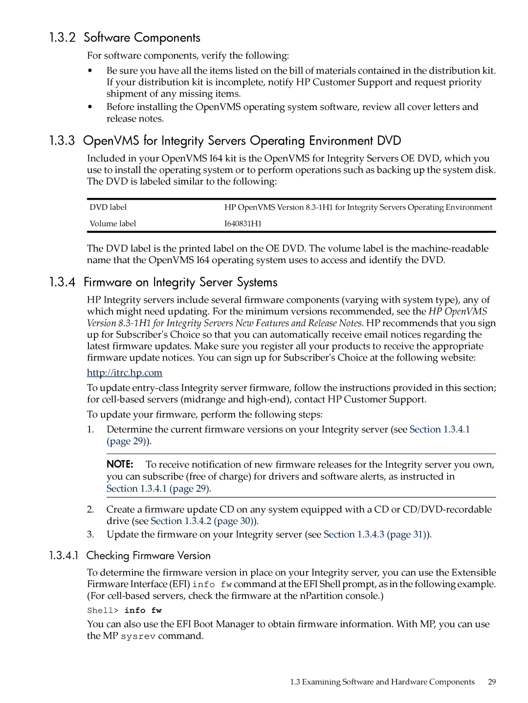 HP OpenVMS 8.x Software Components, OpenVMS for Integrity Servers Operating Environment DVD, Checking Firmware Version 