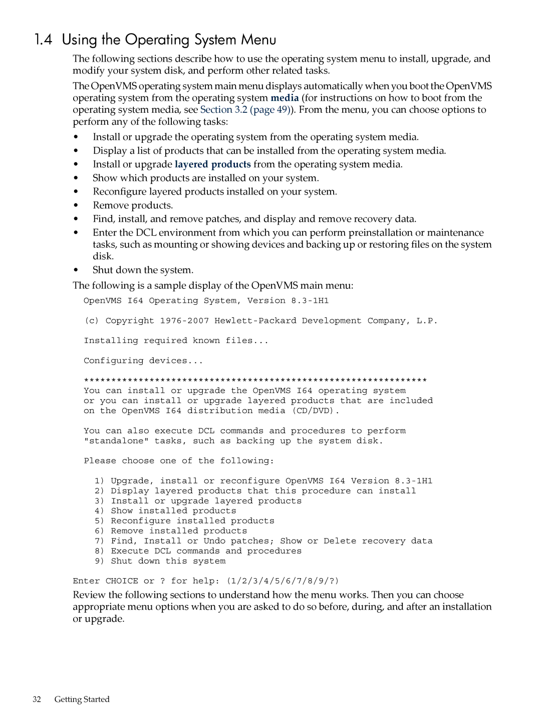 HP OpenVMS 8.x manual Using the Operating System Menu 