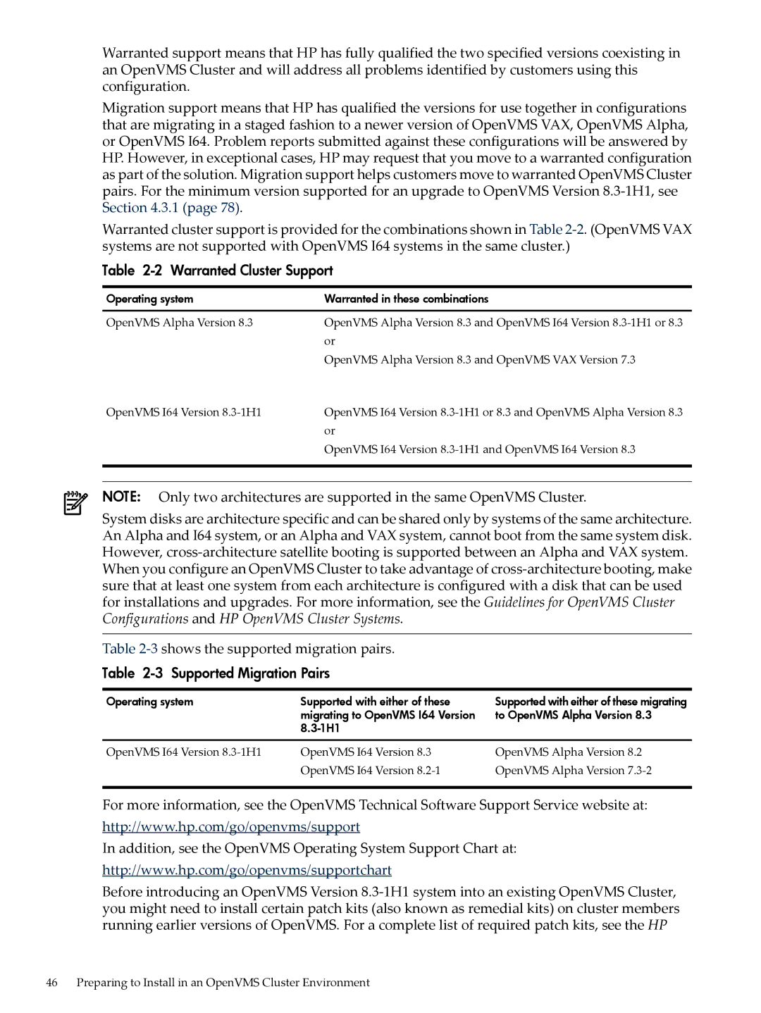 HP OpenVMS 8.x manual Warranted Cluster Support, Supported Migration Pairs 