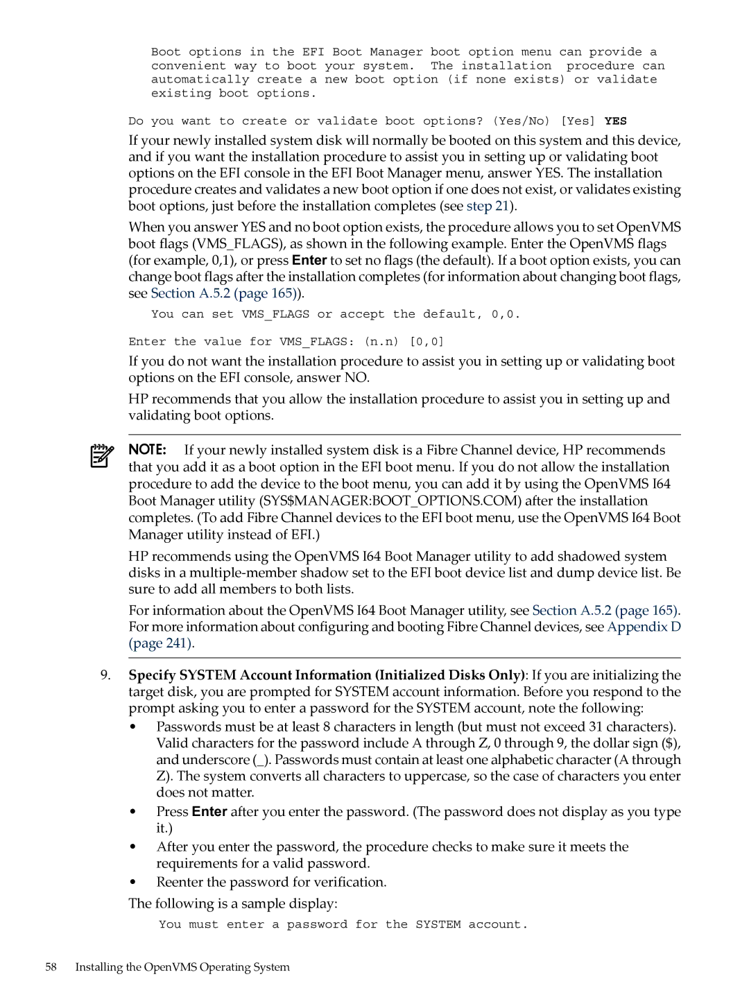 HP OpenVMS 8.x manual You must enter a password for the System account 