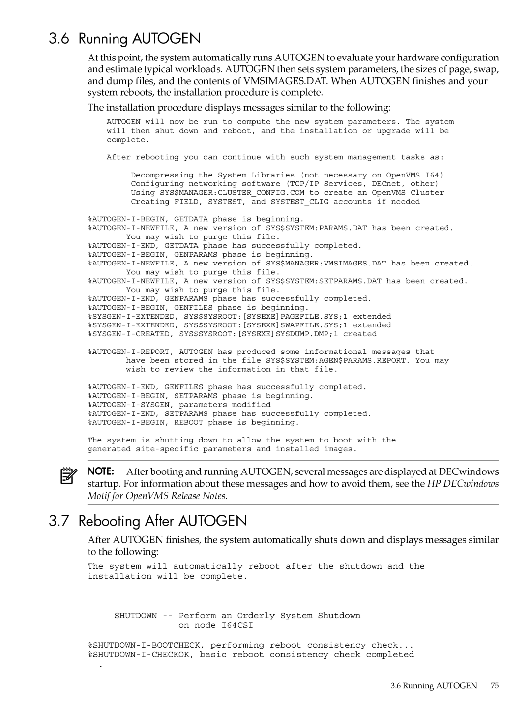 HP OpenVMS 8.x manual Running Autogen, Rebooting After Autogen 