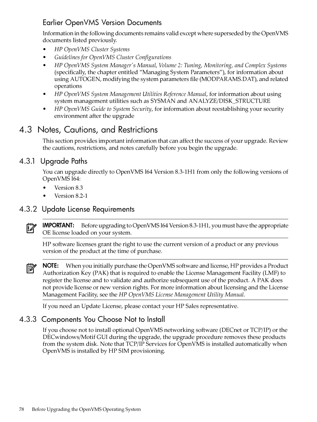 HP OpenVMS 8.x manual Earlier OpenVMS Version Documents, Upgrade Paths, Update License Requirements 