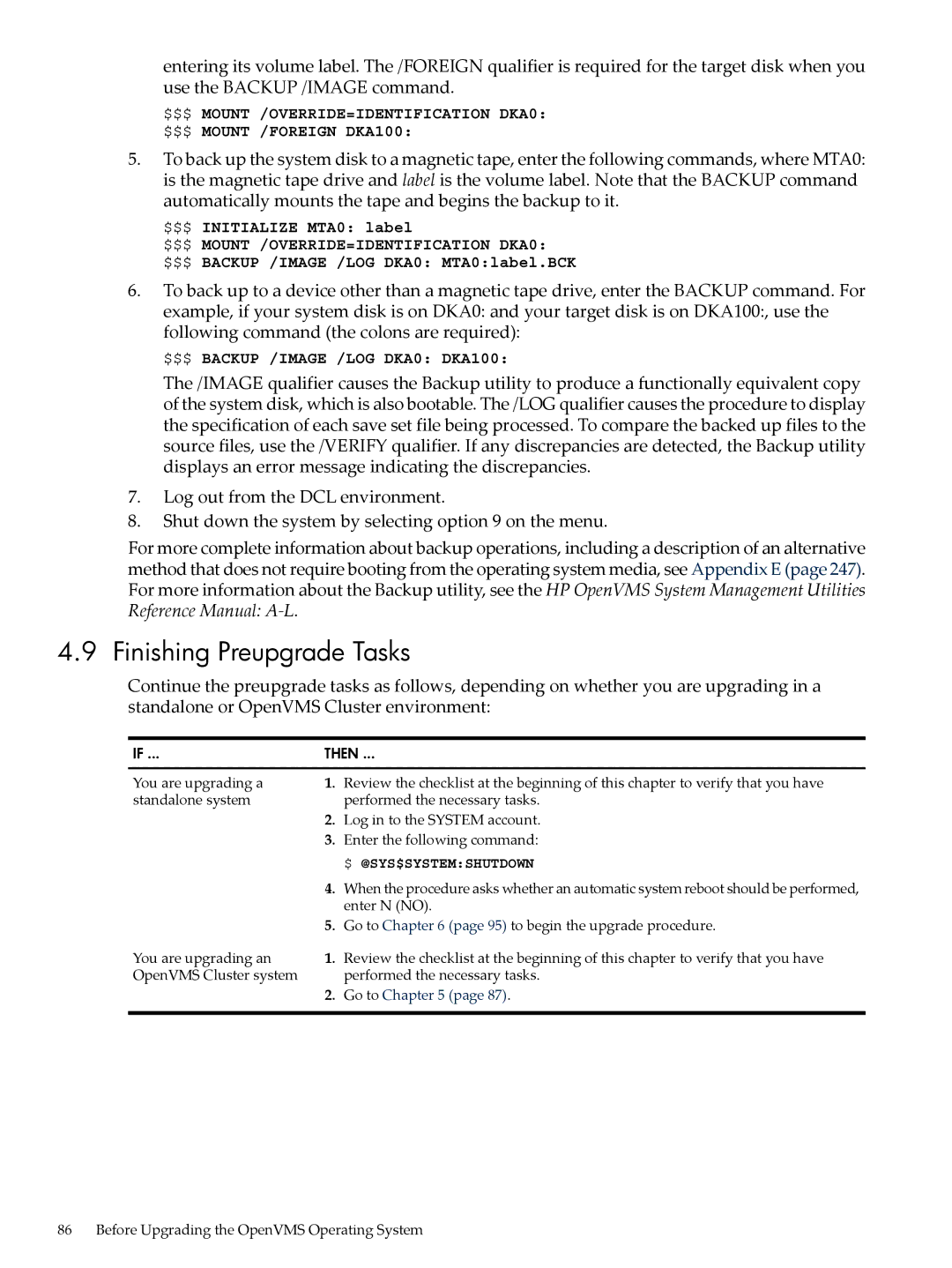 HP OpenVMS 8.x manual Finishing Preupgrade Tasks, $ @Sys$Systemshutdown 