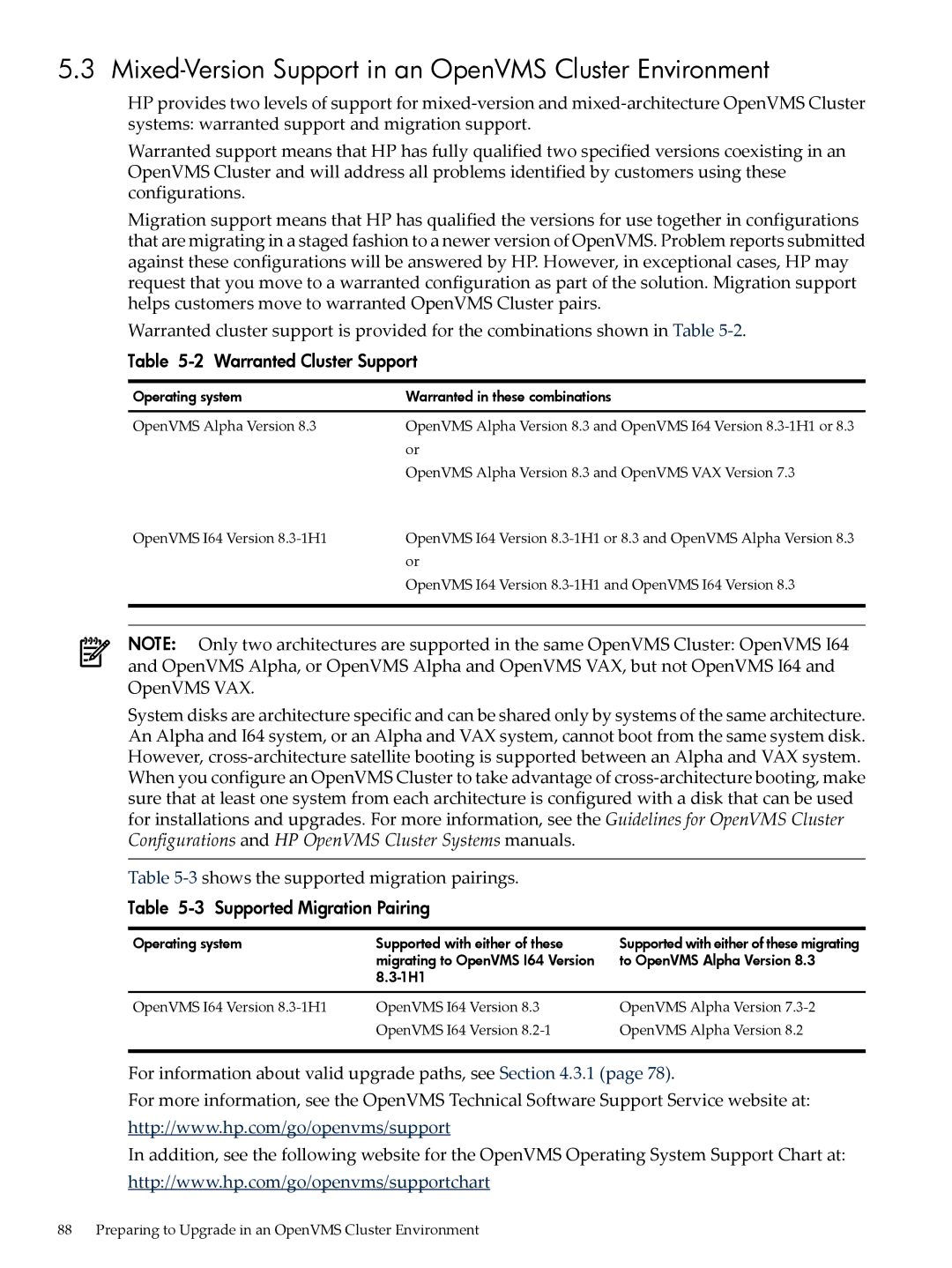 HP OpenVMS 8.x manual Mixed-Version Support in an OpenVMS Cluster Environment, 3shows the supported migration pairings 