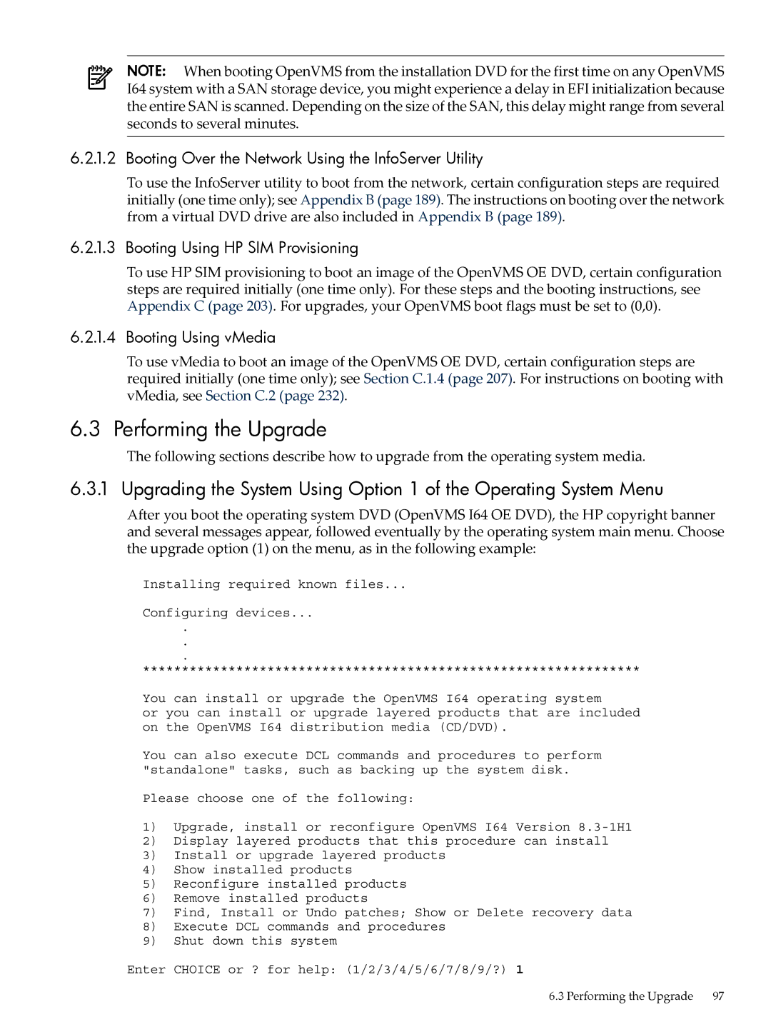 HP OpenVMS 8.x manual Performing the Upgrade, Booting Over the Network Using the InfoServer Utility 