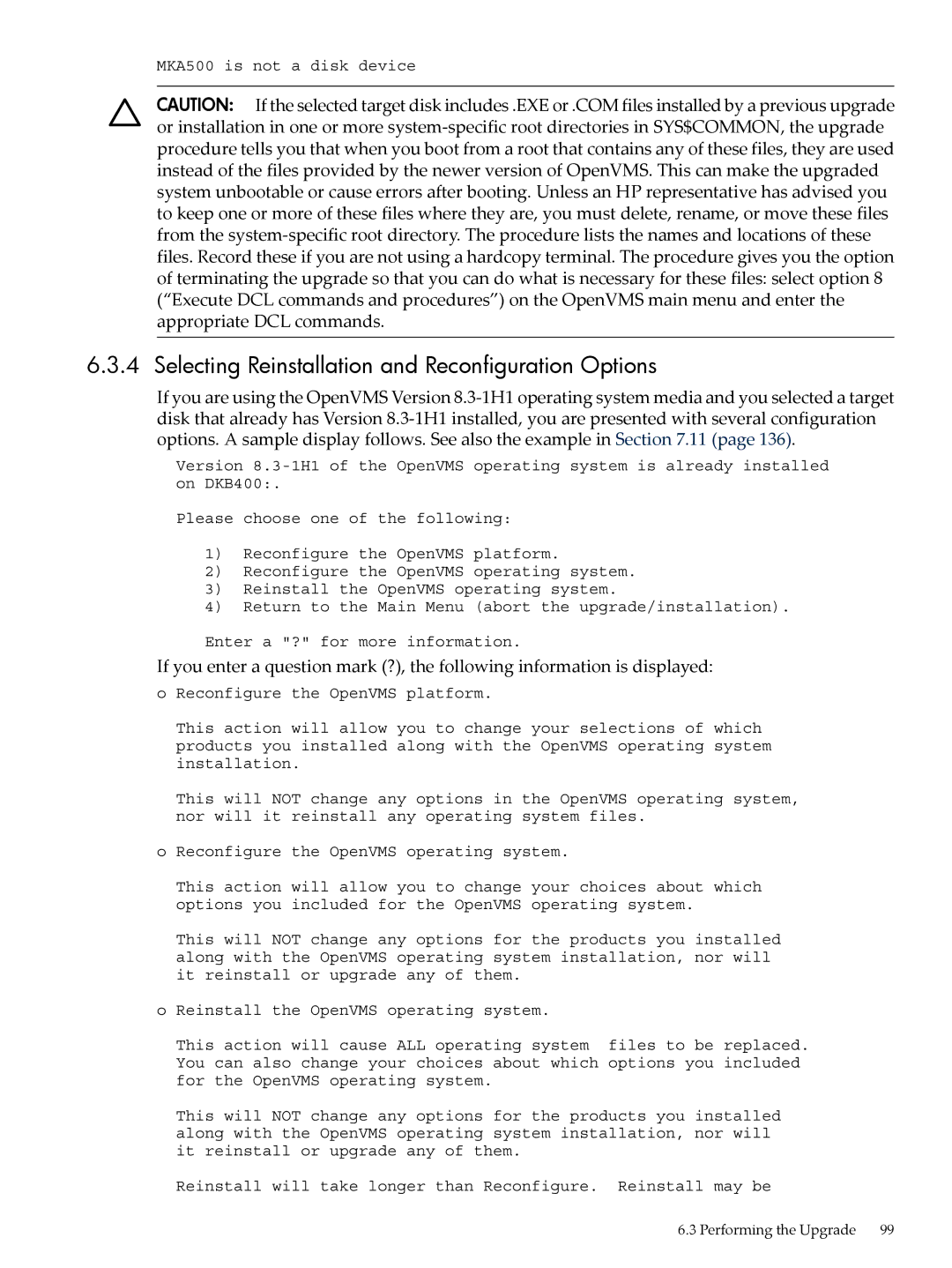 HP OpenVMS 8.x manual Selecting Reinstallation and Reconfiguration Options 