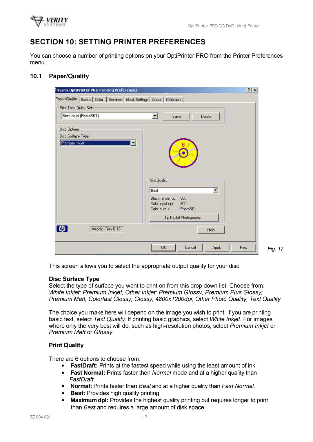 HP Opti PRO Opti PRO CD/DVD manual Setting Printer Preferences, Paper/Quality, Disc Surface Type, Print Quality 
