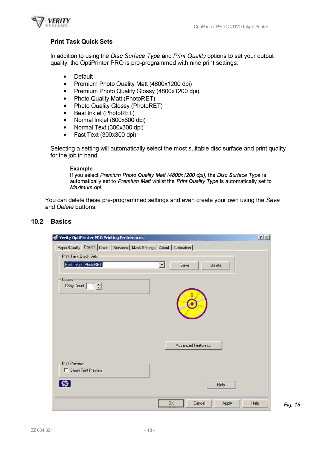 HP Opti PRO Opti PRO CD/DVD manual Basics, Print Task Quick Sets 