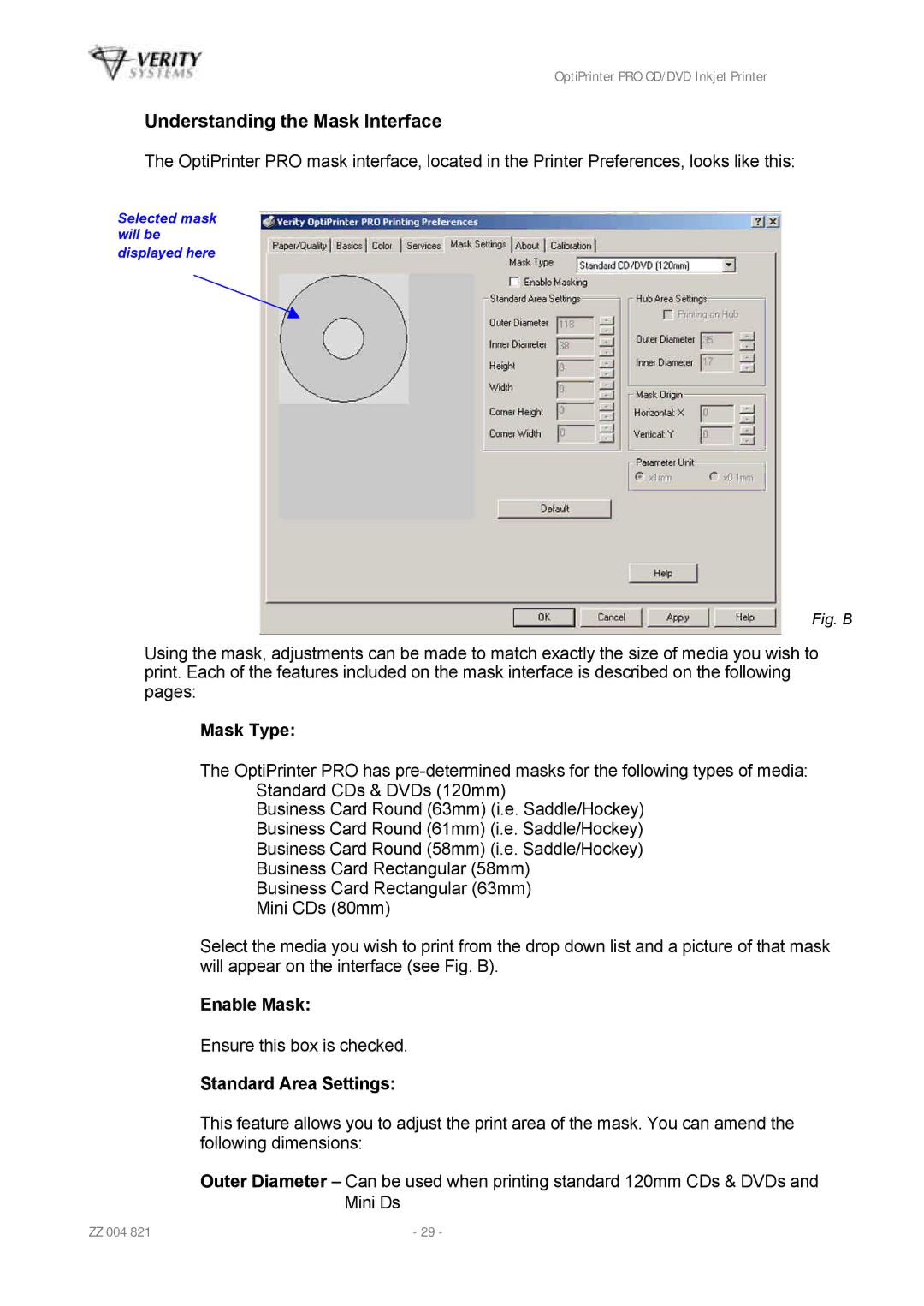 HP Opti PRO Opti PRO CD/DVD manual Understanding the Mask Interface, Mask Type, Enable Mask, Standard Area Settings 