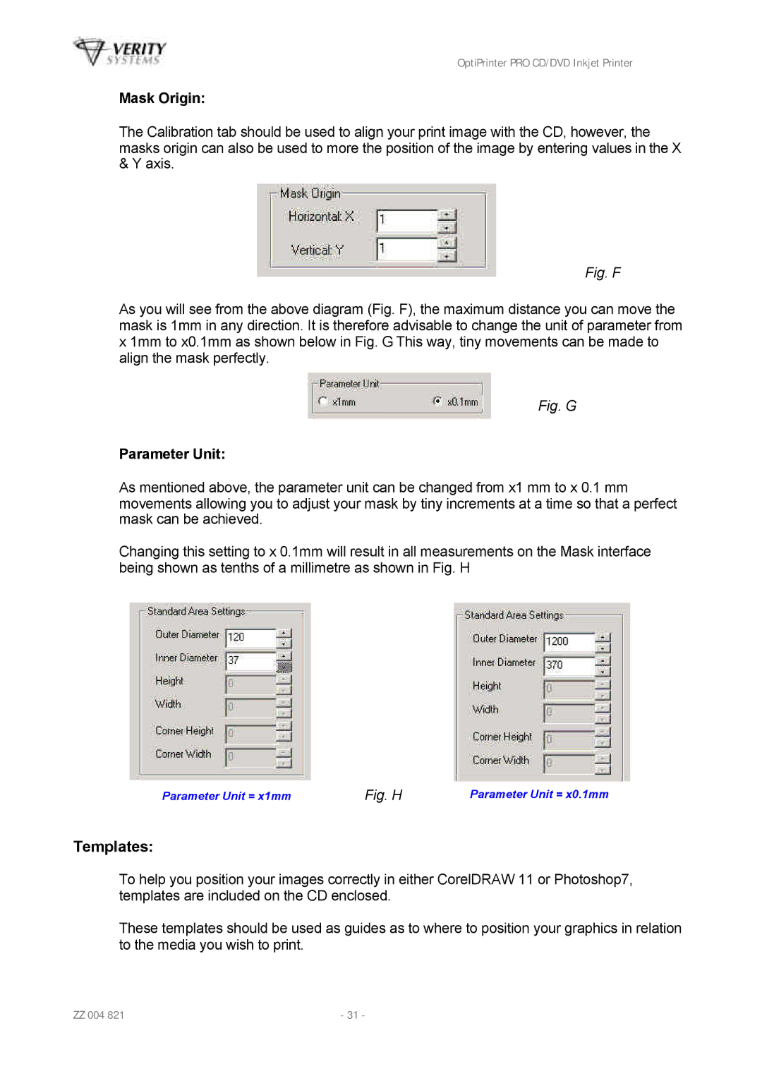 HP Opti PRO Opti PRO CD/DVD manual Templates, Mask Origin, Parameter Unit 