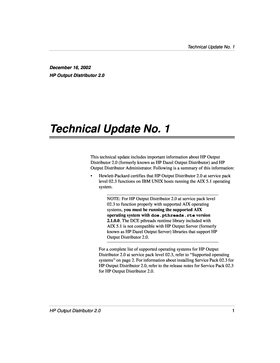 HP Output Management Services Software manual Technical Update No, HP Output Distributor 