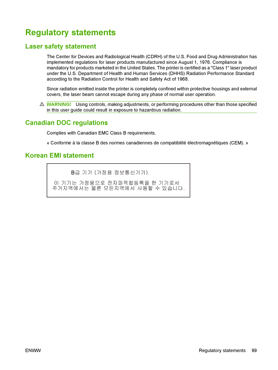 HP P1000 manual Regulatory statements, Laser safety statement, Canadian DOC regulations, Korean EMI statement 