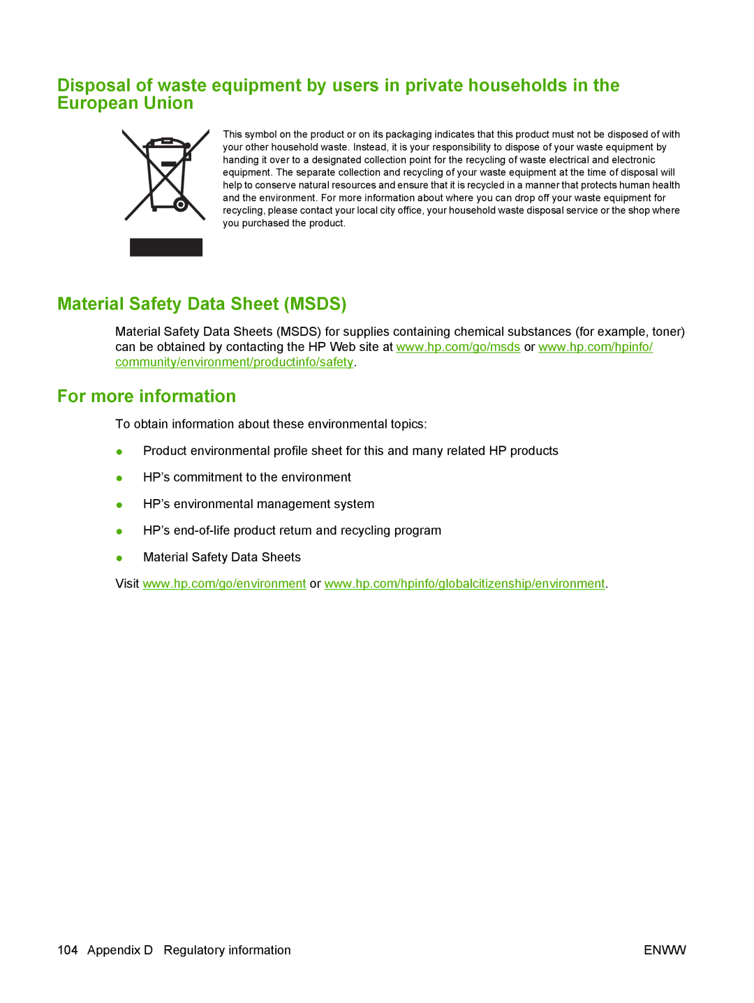 HP P1000 manual Material Safety Data Sheet Msds For more information 