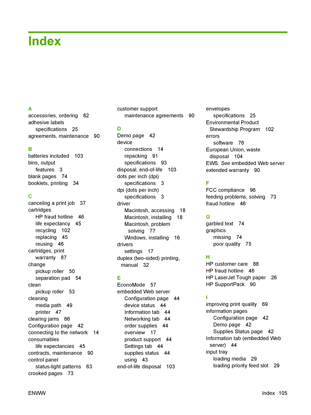 HP P1000 manual Index 