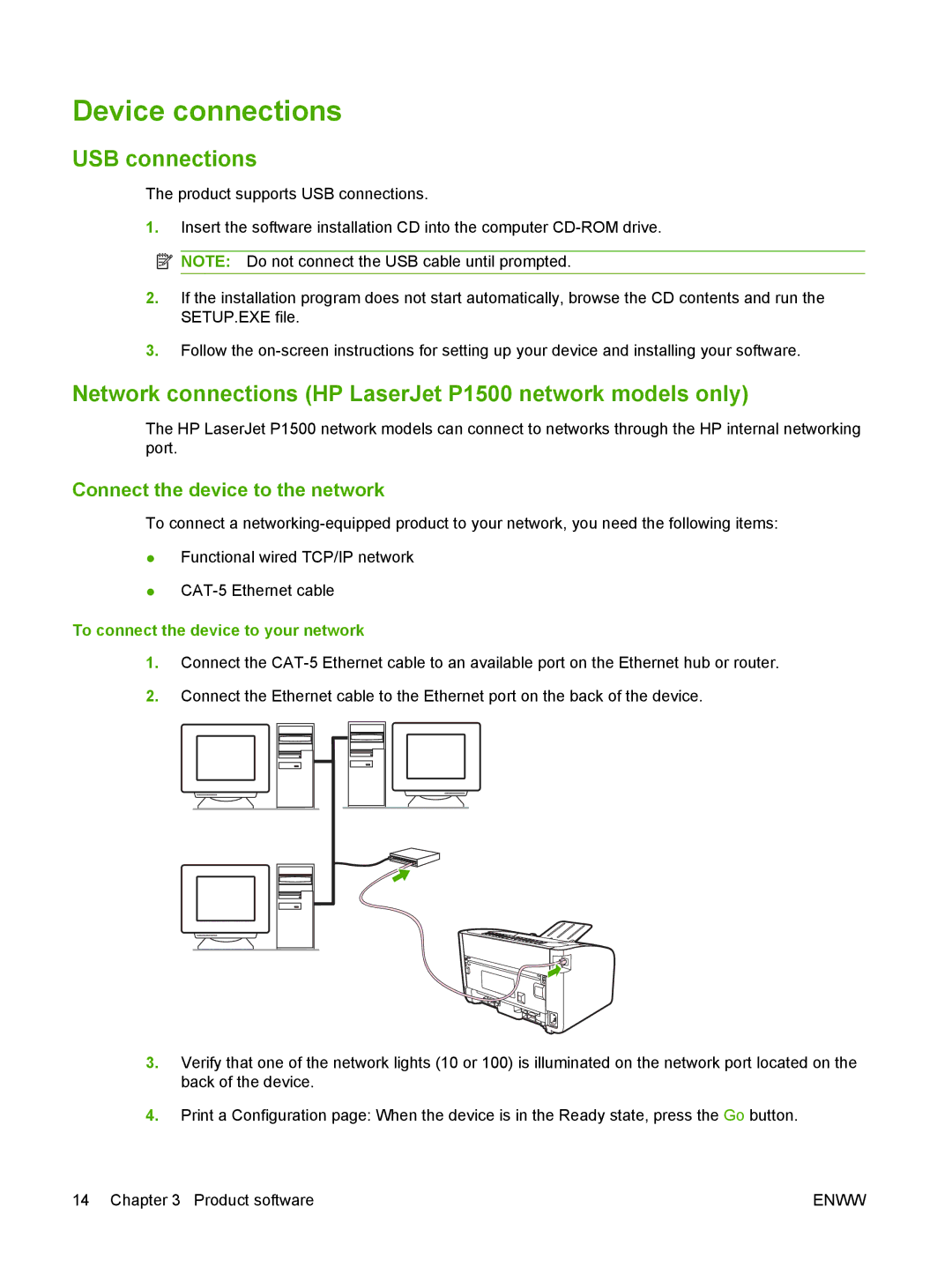 HP P1000 manual Device connections, USB connections, Network connections HP LaserJet P1500 network models only 