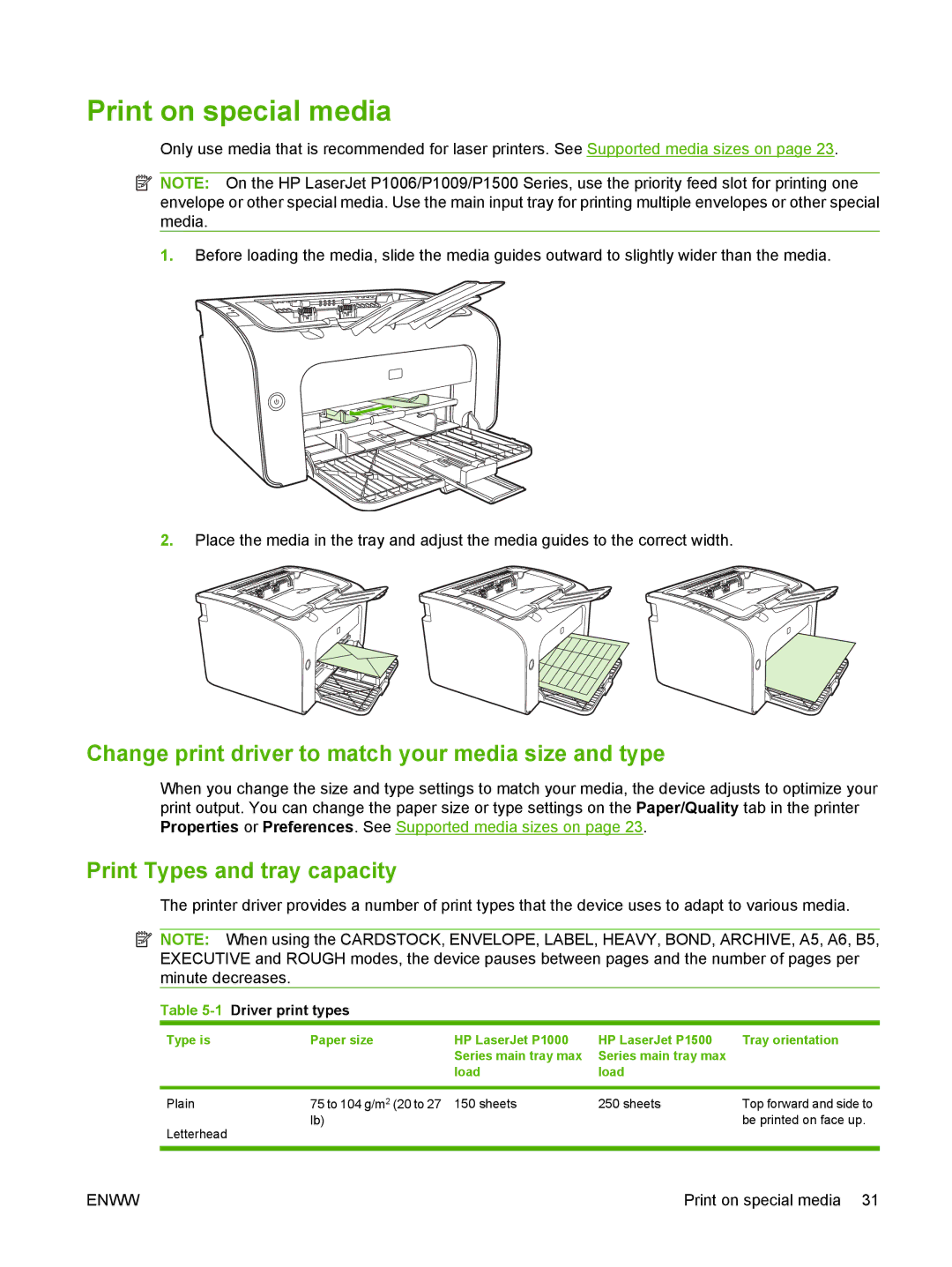 HP P1000 Print on special media, Change print driver to match your media size and type, Print Types and tray capacity 