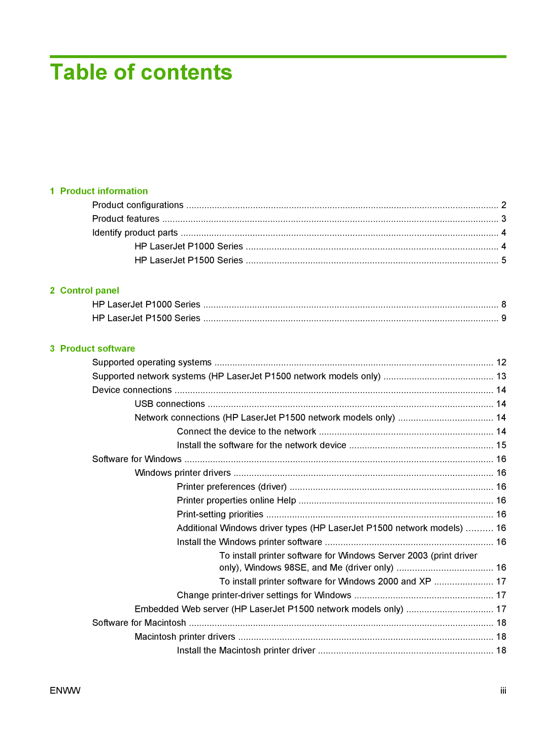 HP P1000 manual Table of contents 