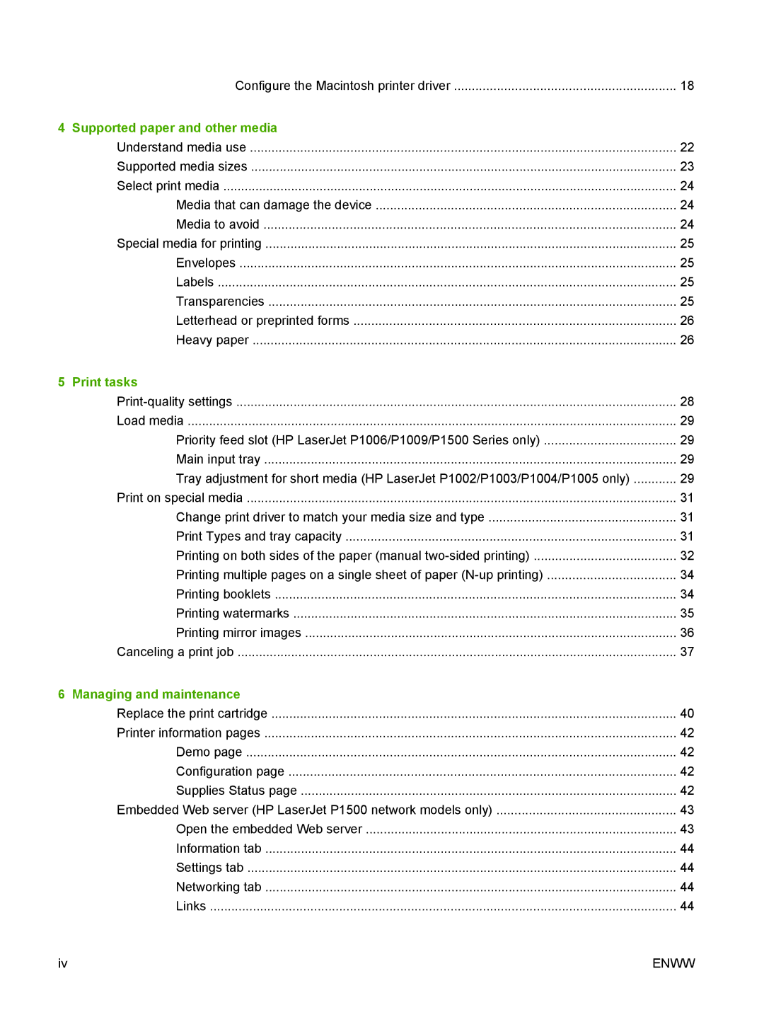 HP P1000 manual Supported paper and other media, Print tasks, Managing and maintenance 