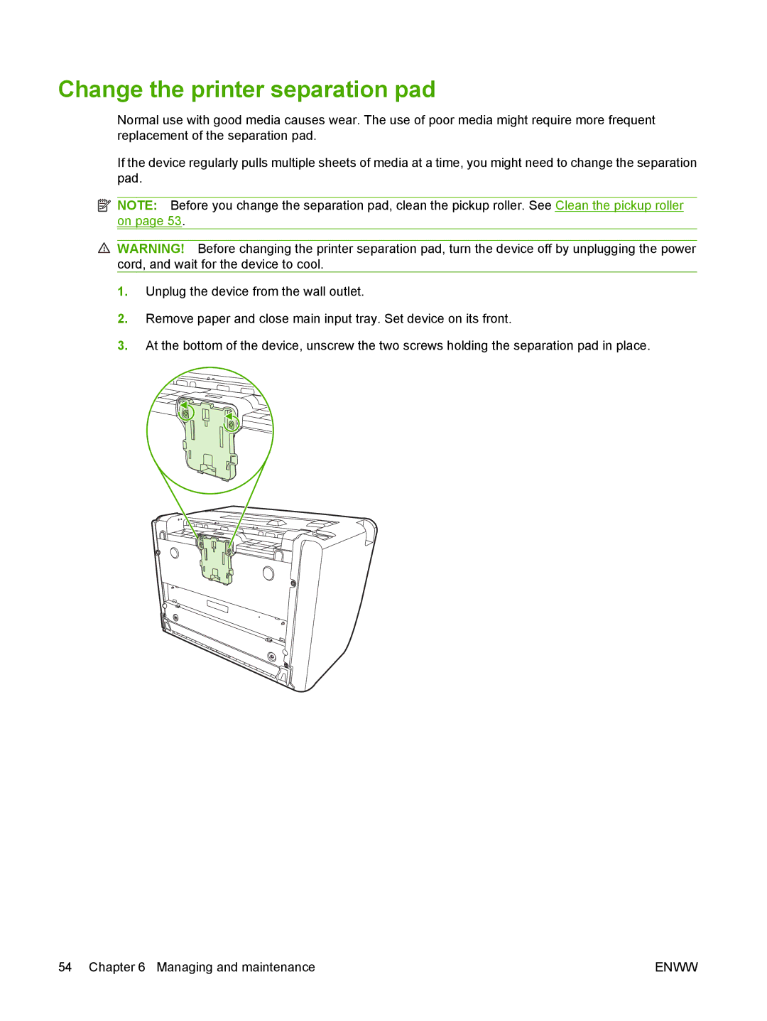 HP P1000 manual Change the printer separation pad 