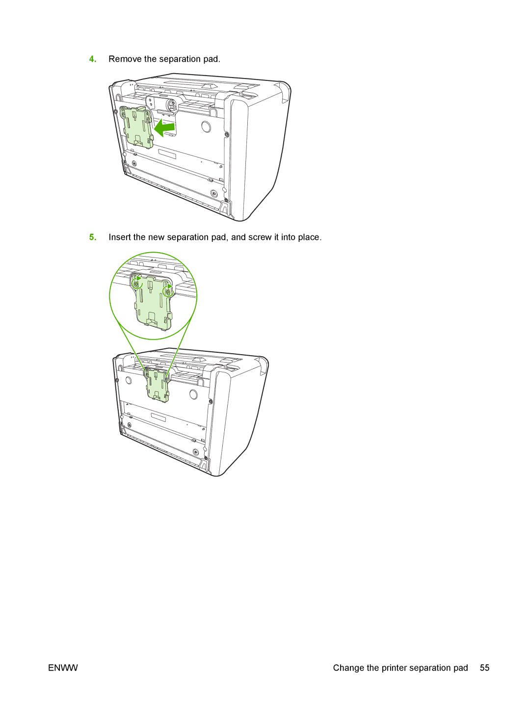 HP P1000 manual Change the printer separation pad 