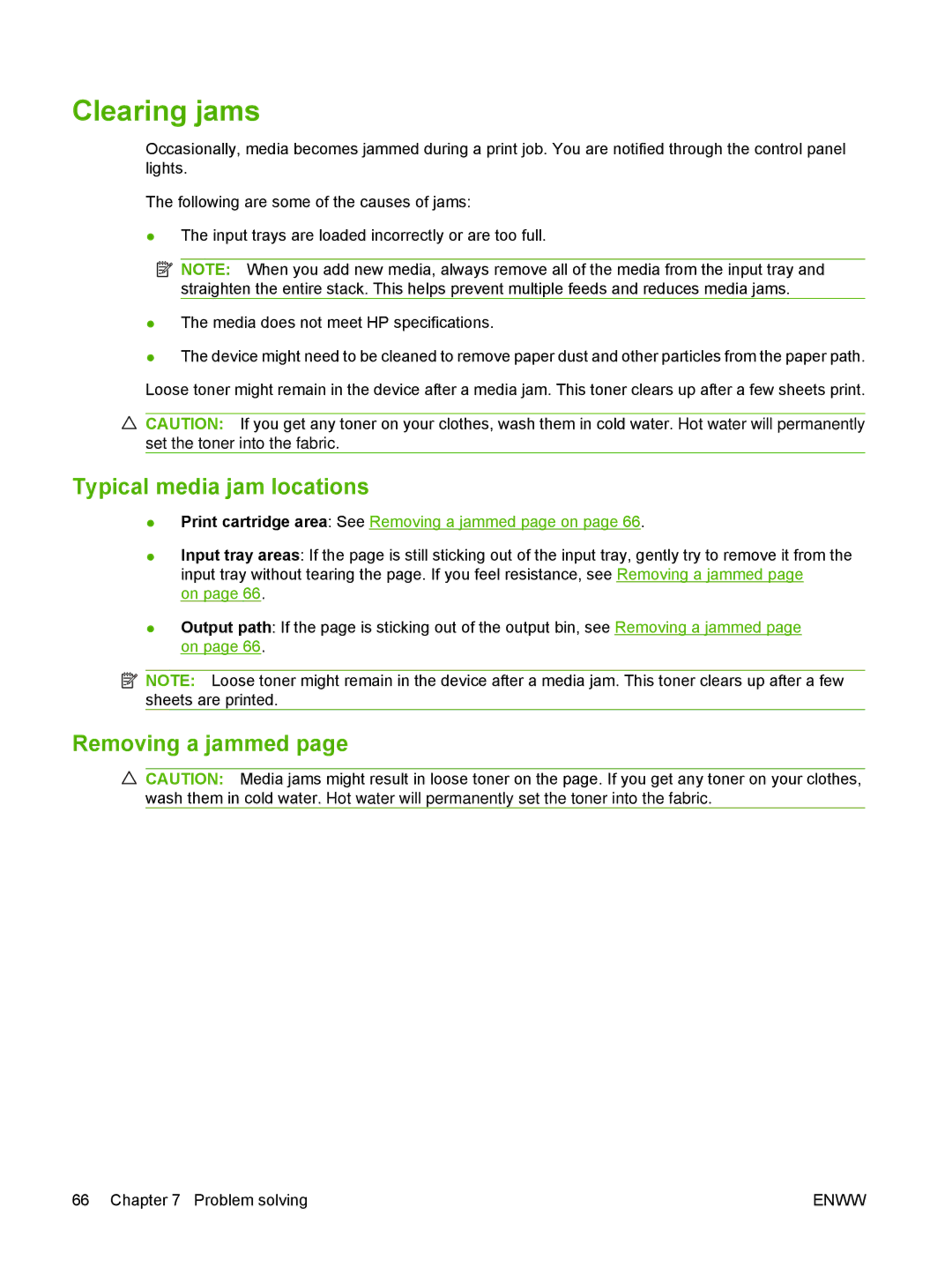 HP P1000 manual Clearing jams, Typical media jam locations, Removing a jammed 