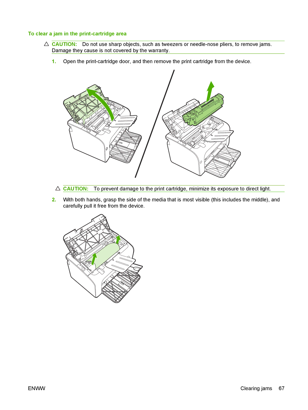 HP P1000 manual To clear a jam in the print-cartridge area 