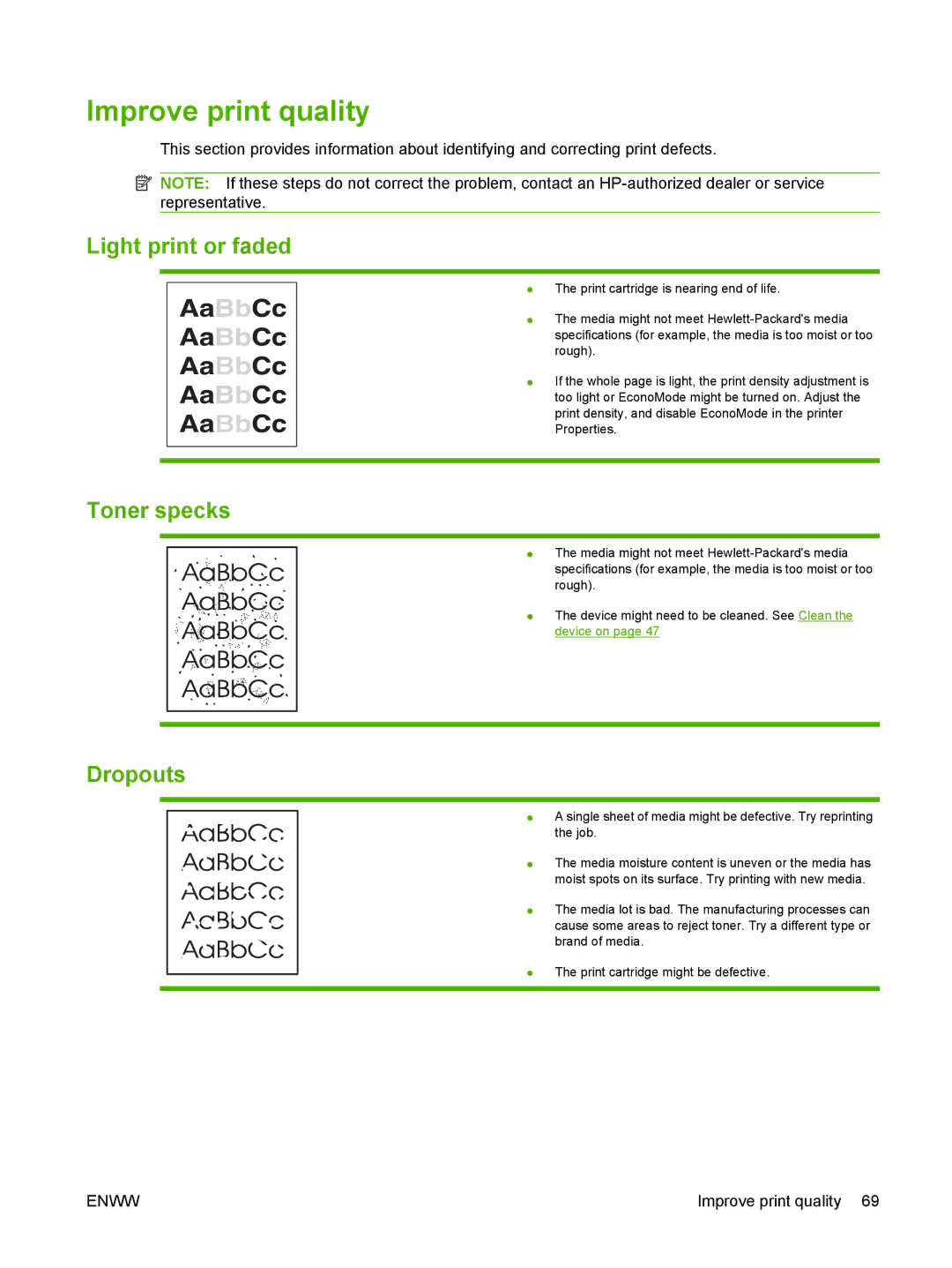 HP P1000 manual Improve print quality, Light print or faded, Toner specks, Dropouts 