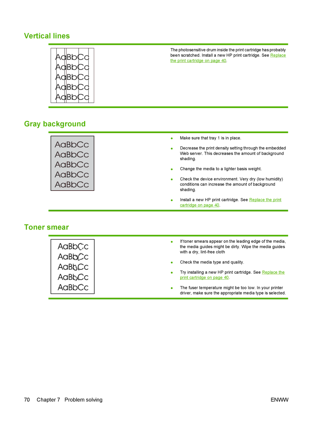 HP P1000 manual Vertical lines, Gray background, Toner smear 