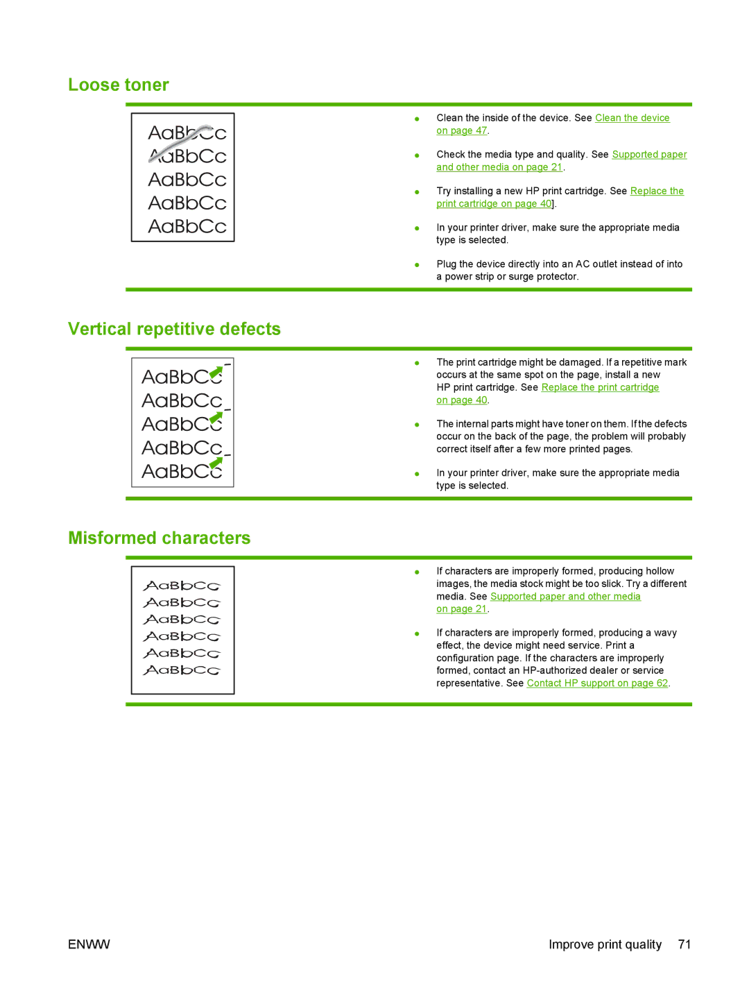 HP P1000 manual Loose toner, Vertical repetitive defects, Misformed characters 