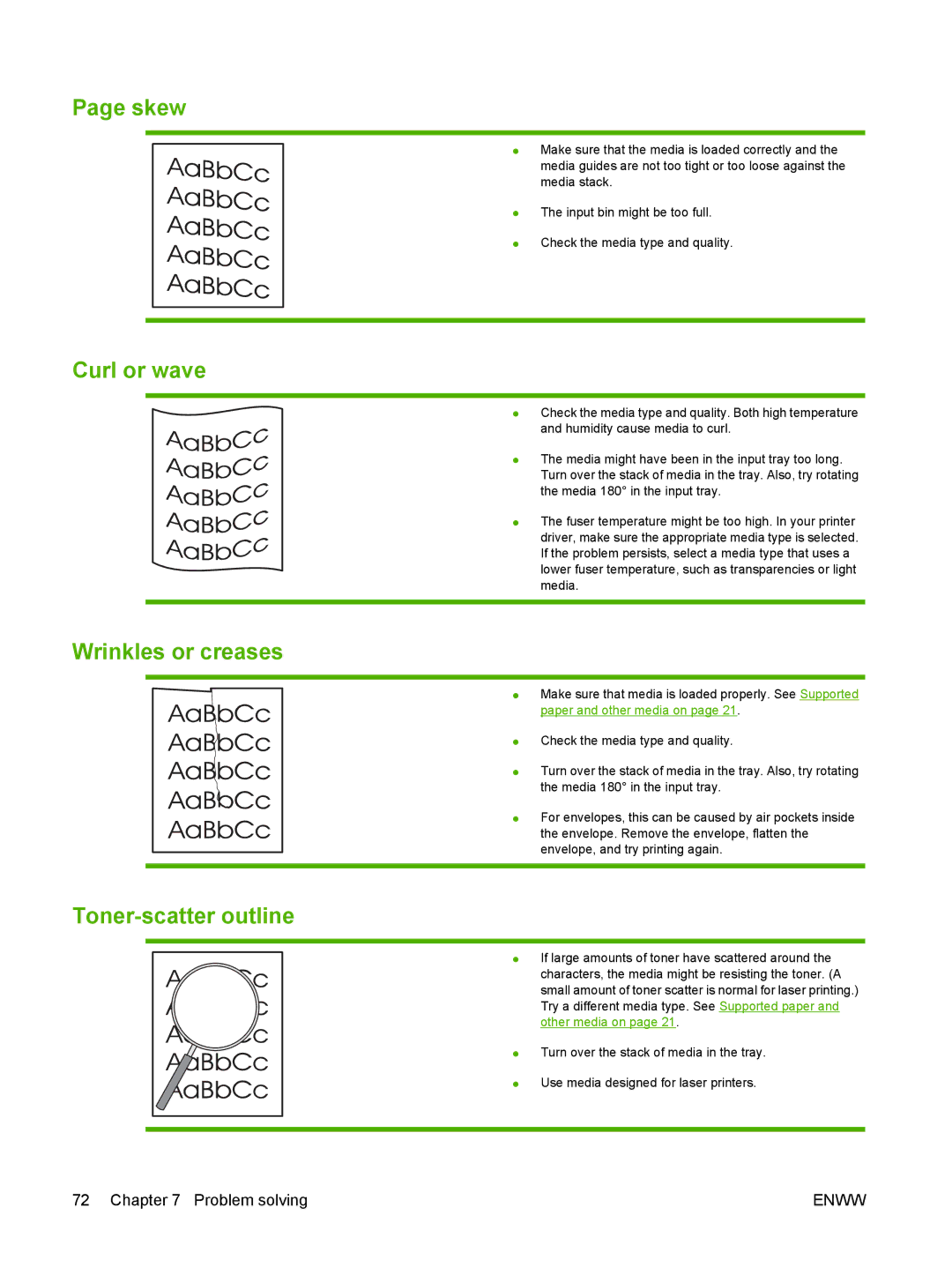 HP P1000 manual Skew, Curl or wave, Wrinkles or creases, Toner-scatter outline 