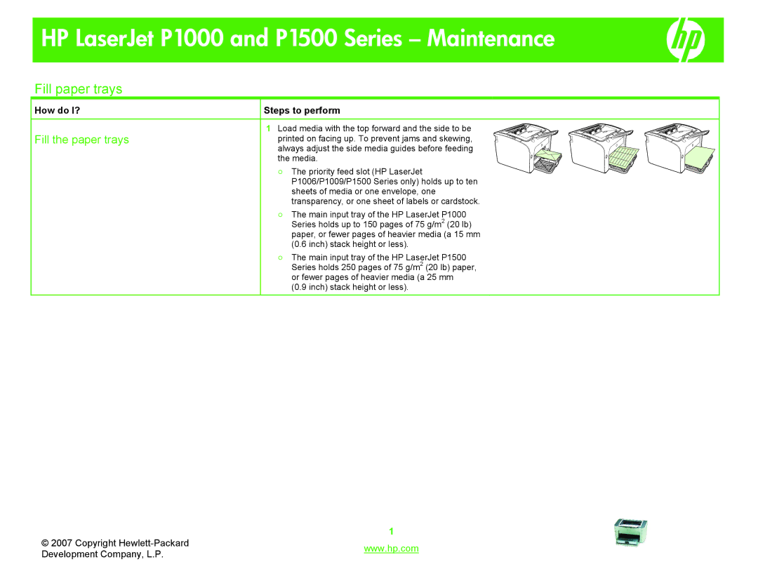 HP manual HP LaserJet P1000 and P1500 Series Maintenance, Fill paper trays, Fill the paper trays 