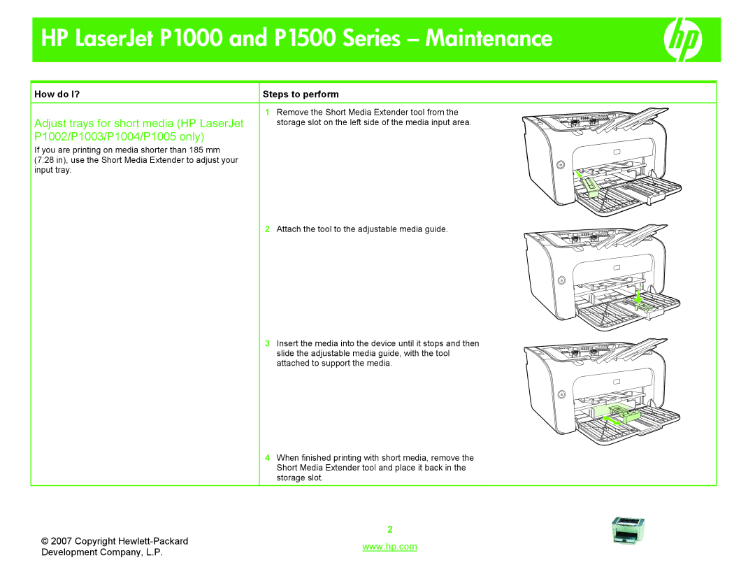 HP P1000 manual Adjust trays for short media HP LaserJet, P1002/P1003/P1004/P1005 only 