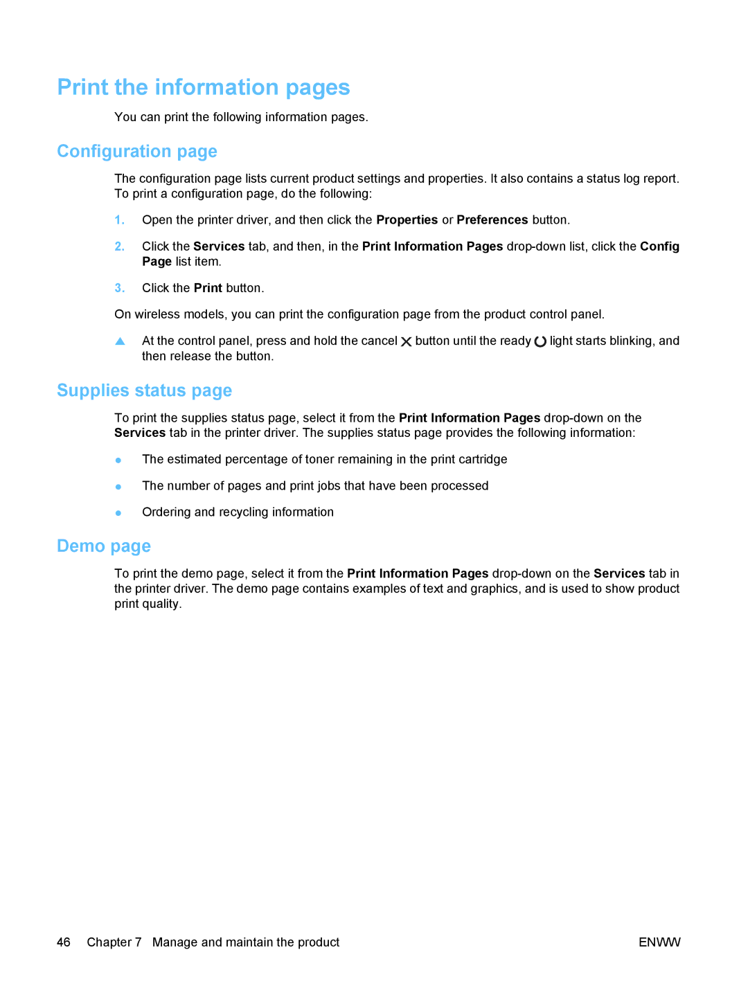 HP P1102W Laser CE658A#BGJ manual Print the information pages, Configuration, Supplies status, Demo 