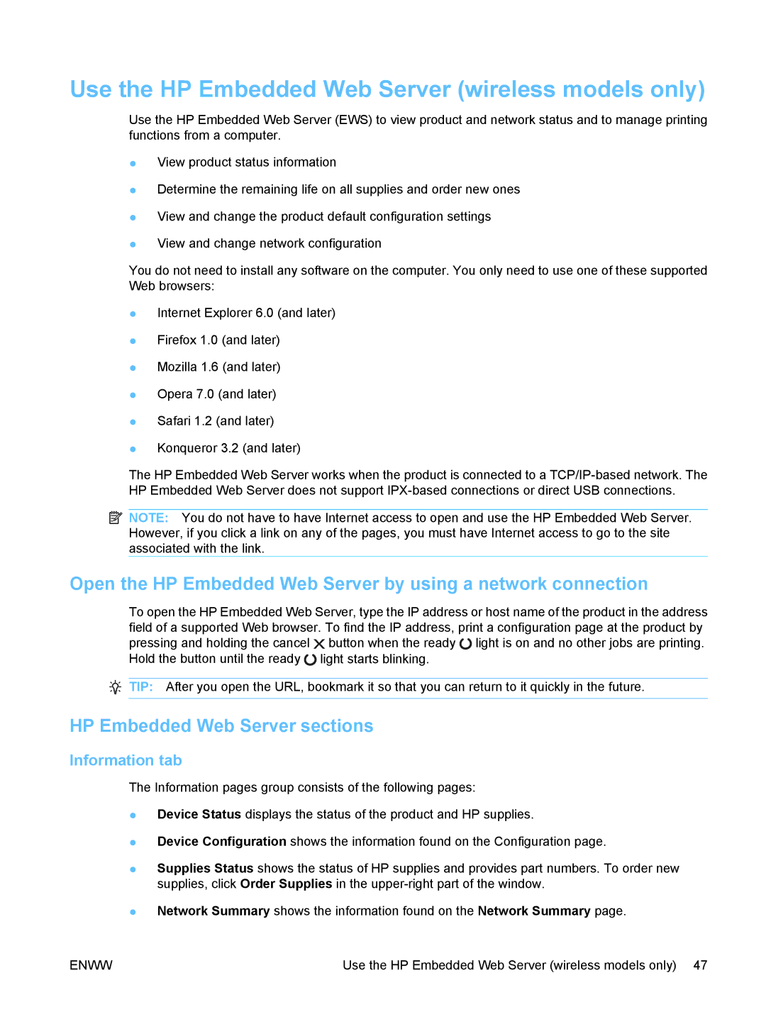 HP P1102W Laser CE658A#BGJ manual Use the HP Embedded Web Server wireless models only, HP Embedded Web Server sections 