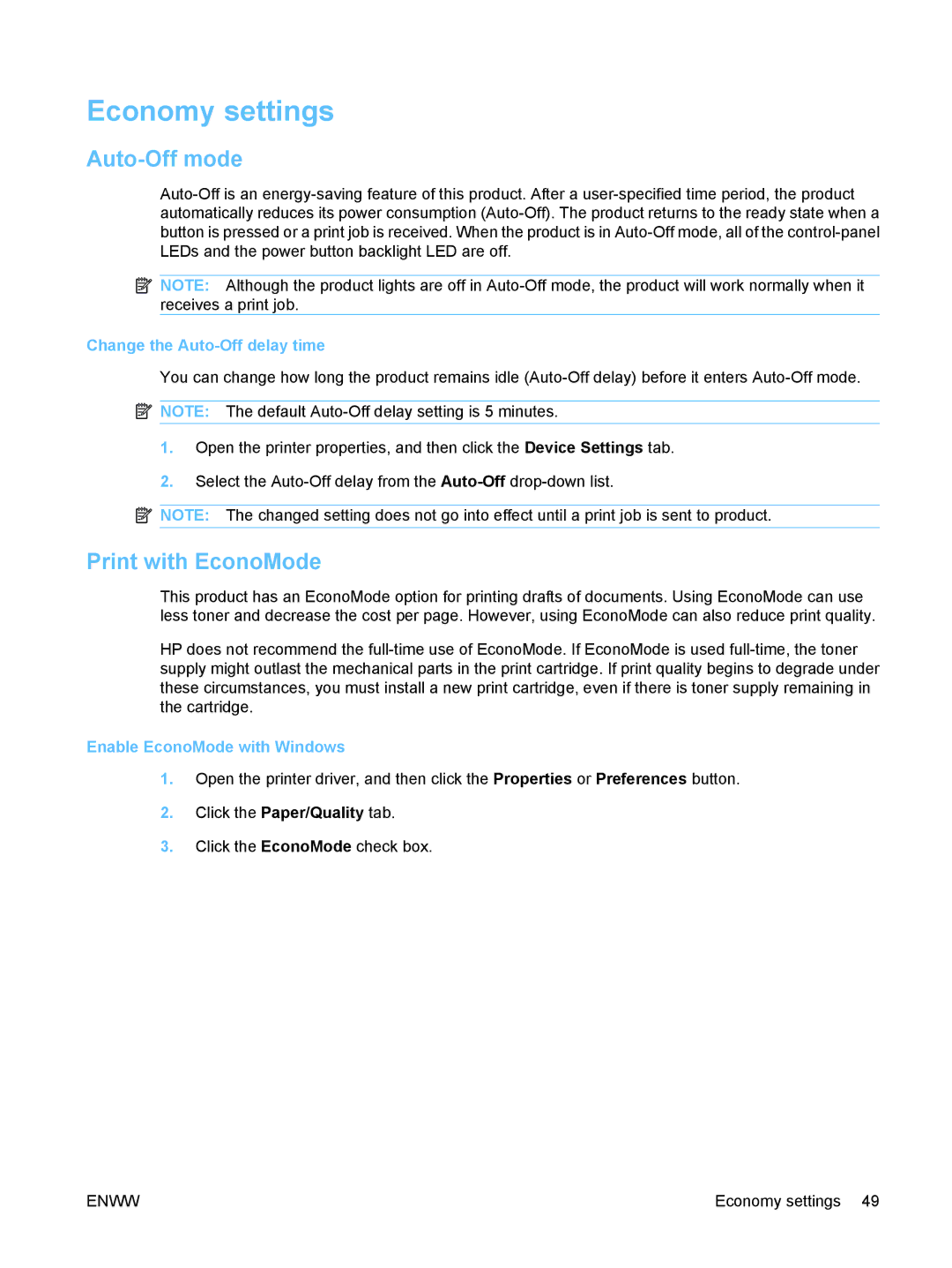 HP P1102W Laser CE658A#BGJ manual Economy settings, Auto-Off mode, Print with EconoMode, Change the Auto-Off delay time 