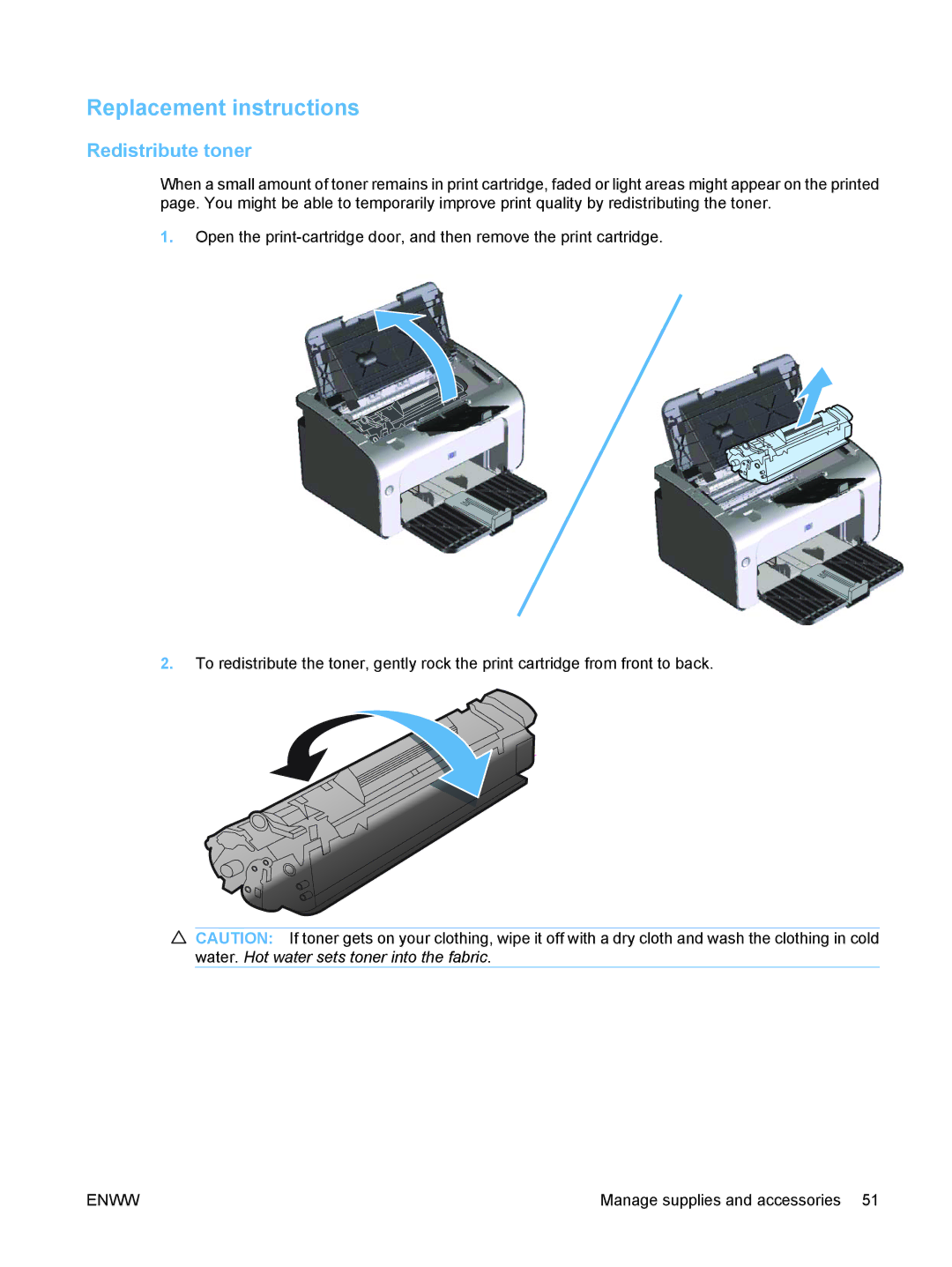 HP P1102W Laser CE658A#BGJ manual Replacement instructions, Redistribute toner 