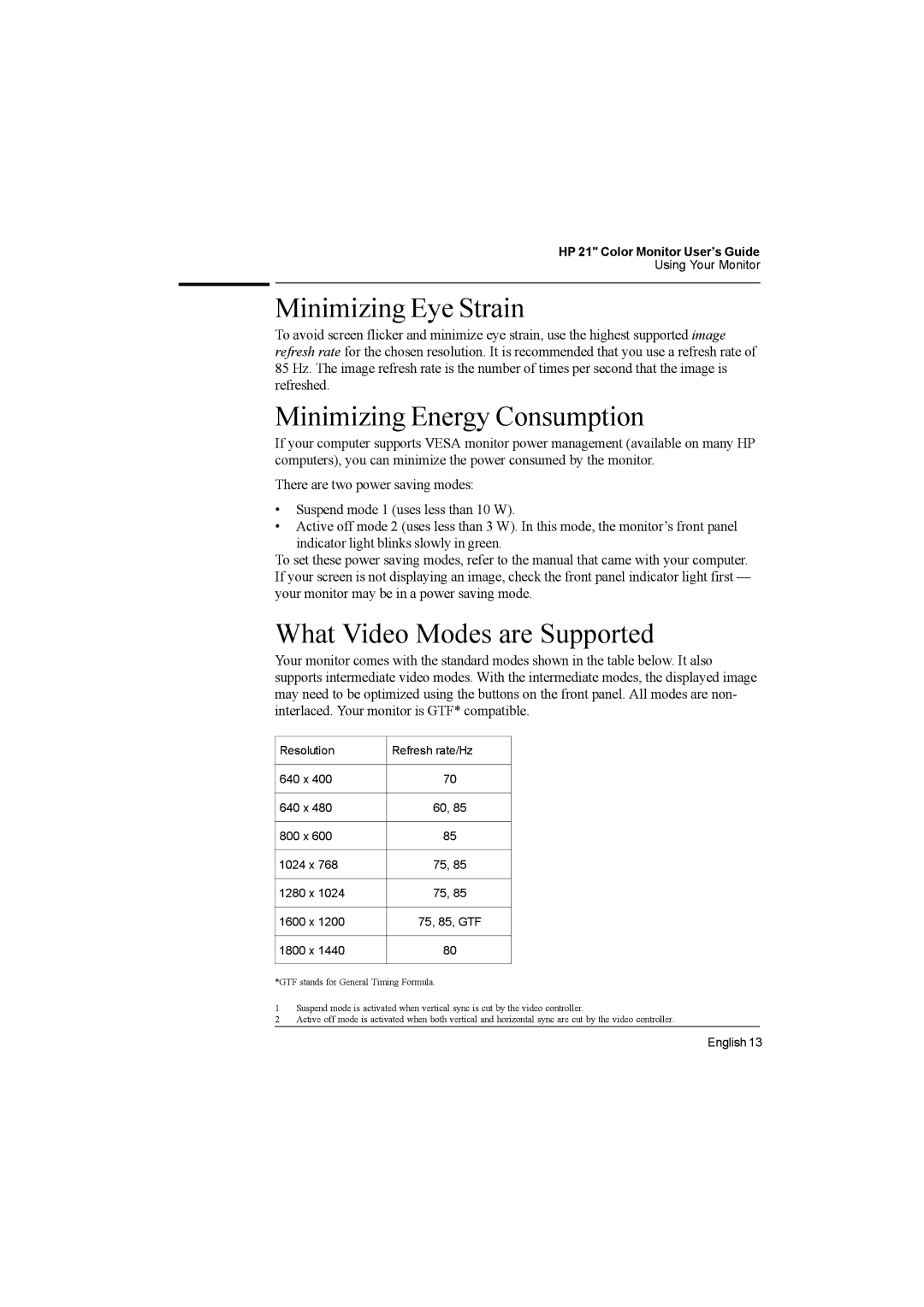 HP P1110 D2847A manual Minimizing Eye Strain, Minimizing Energy Consumption, What Video Modes are Supported 