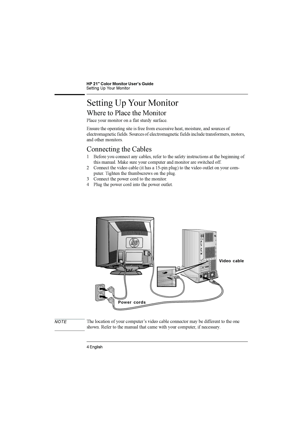 HP P1110 D2847A manual Setting Up Your Monitor, Where to Place the Monitor, Connecting the Cables 